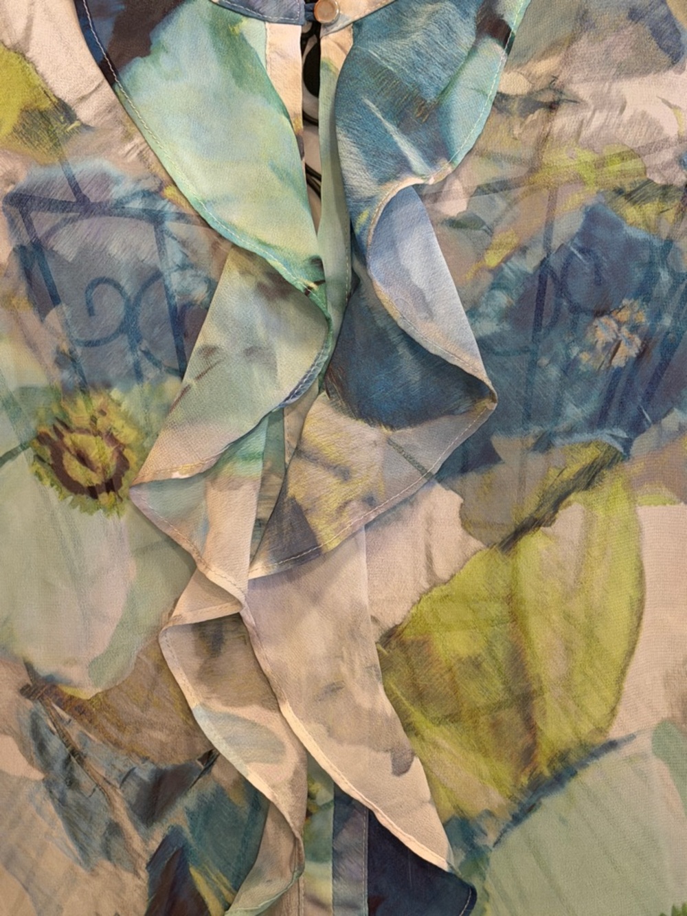 🚙🚙🚙BOGOHO🚙🚙🚙Liz Claiborne Blue & Green Floral Ruffle Front Blouse-Large - Picture 3 of 11